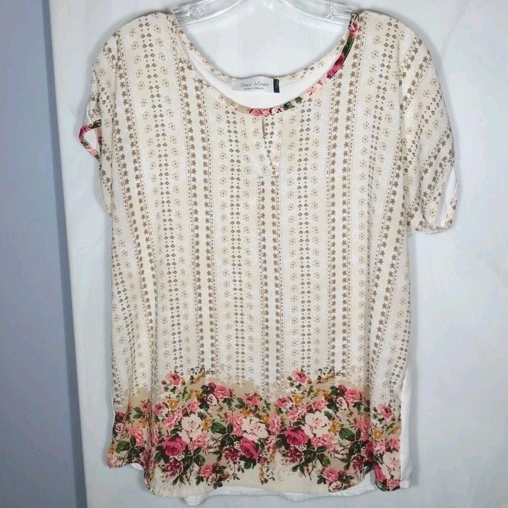 Women’s Blouse L Cream Floral Border Print Boho Cottagecore Stretch Knit Soft
